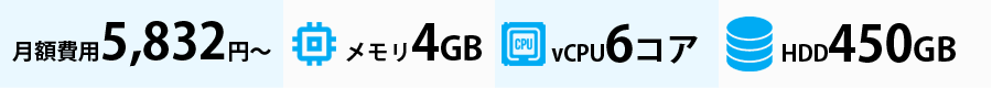 月額費用5,832円~/メモリ4GB/vCPU6コア/HDD450GB